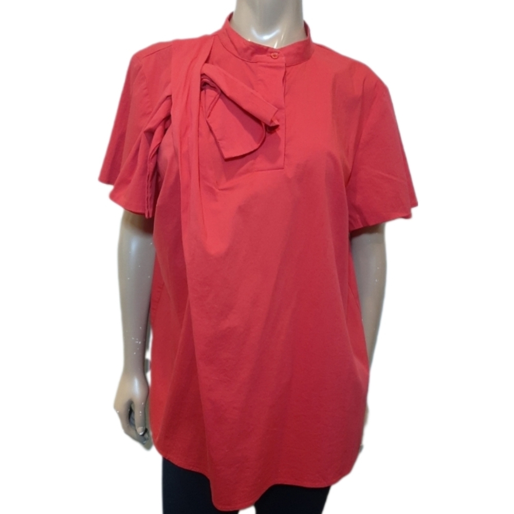Eloquii Short Sleeve Popover Blouse Pleated Bow Henley Stretch Plus Size 18